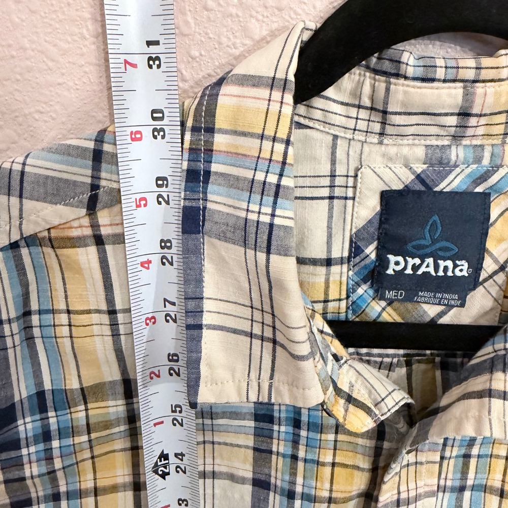 Prana Benton Mens Yellow Blue Plaid Short Sleeve Button Down Organic Cotton Med - Picture 7 of 7